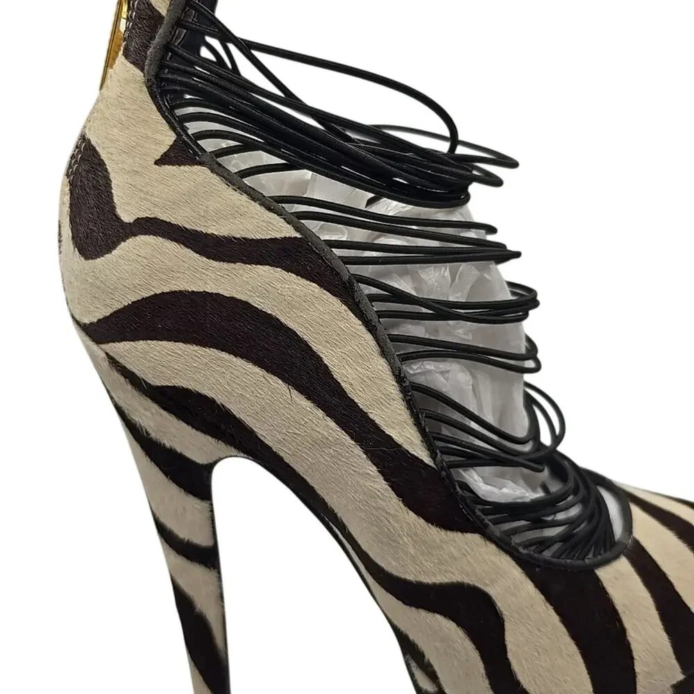 London Trash Zebra Stripes Pony Hair Platform Shoes Heels Leather sz 8 Pinup - Picture 9 of 16
